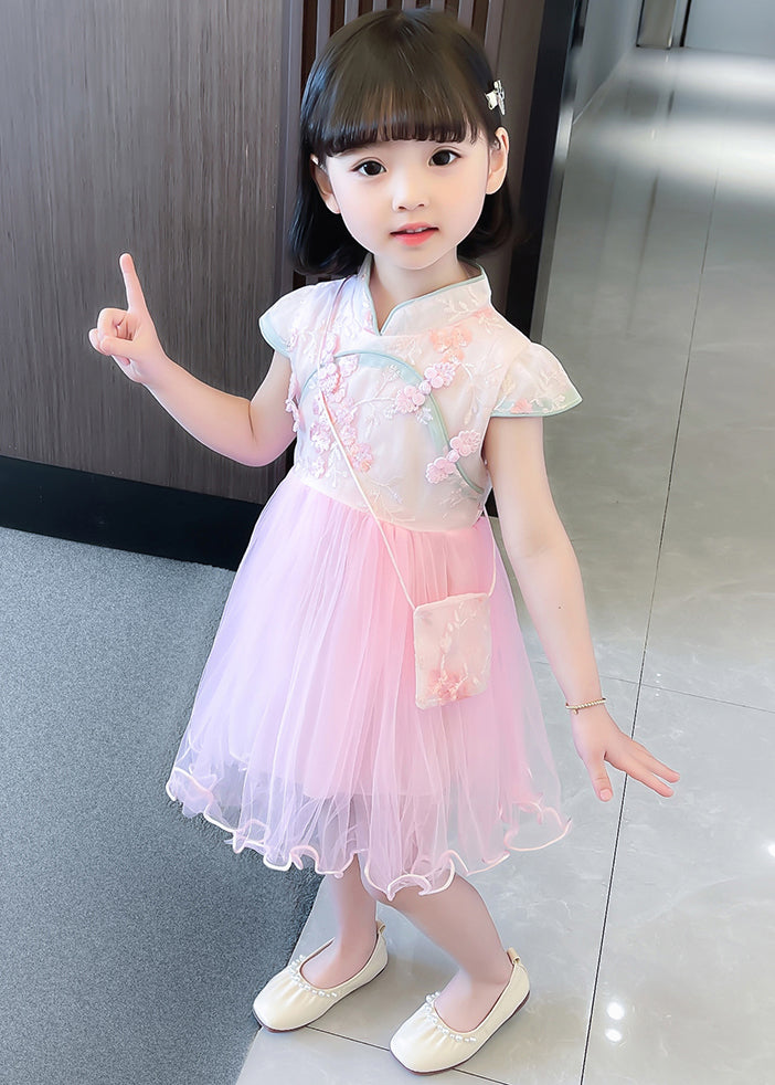 New Pink Stand Collar Lace Up Tulle Patchwork Girls Dress Summer