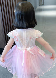 New Pink Stand Collar Lace Up Tulle Patchwork Girls Dress Summer