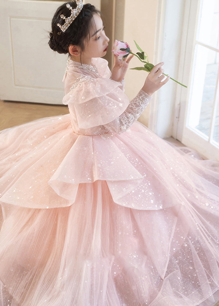 New Pink Stand Collar Tulle Kids Long Dresses Fall