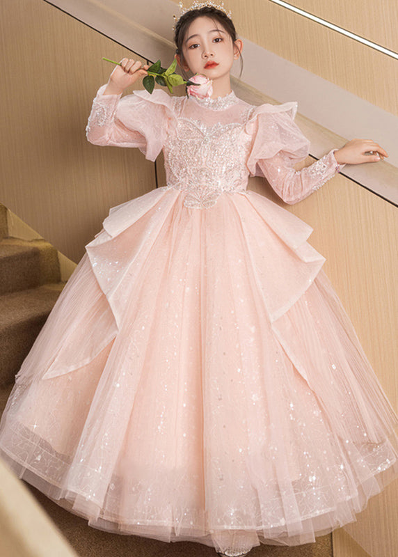 New Pink Stand Collar Tulle Kids Long Dresses Fall