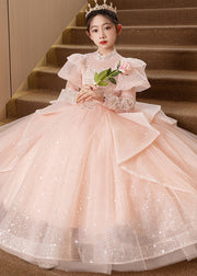 New Pink Stand Collar Tulle Kids Long Dresses Fall