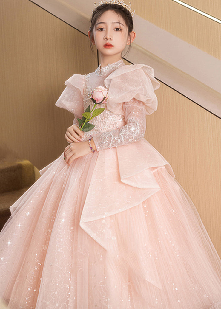 New Pink Stand Collar Tulle Kids Long Dresses Fall