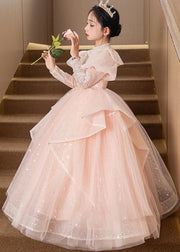 New Pink Stand Collar Tulle Kids Long Dresses Fall