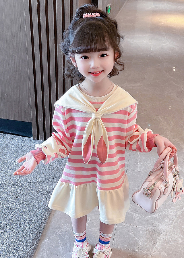 New Pink Striped Bow Cotton Girls Dresses Long Sleeve