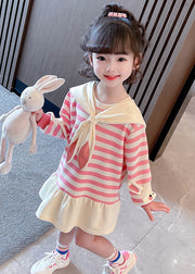 New Pink Striped Bow Cotton Girls Dresses Long Sleeve