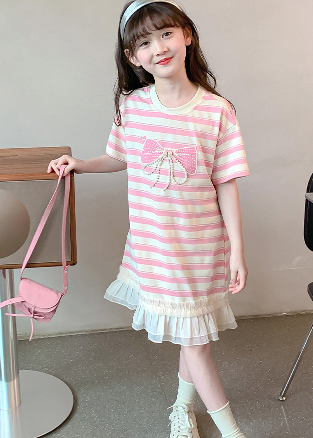 New Pink Striped Ruffled Patchwork Cotton Girls T Shirt Dress Summer