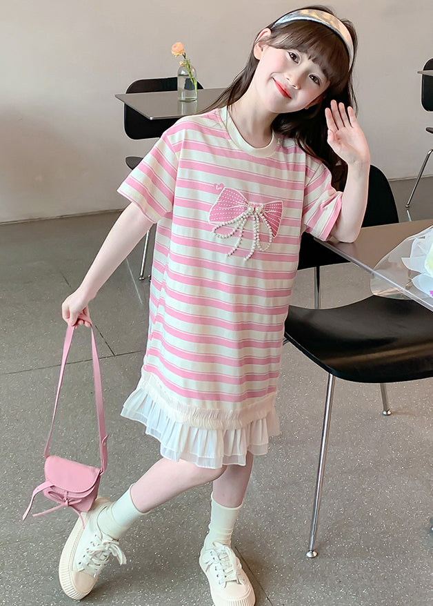 New Pink Striped Ruffled Patchwork Cotton Girls T Shirt Dress Summer