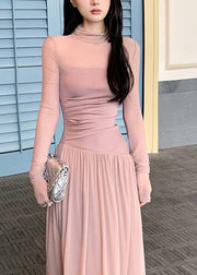 New Pink Turtleneck Patchwork Solid Tulle Long Dress Long Sleeve