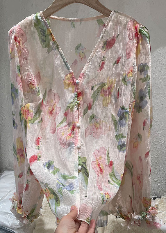 New Pink V Neck Button Print Chiffon Shirt Long Sleeve