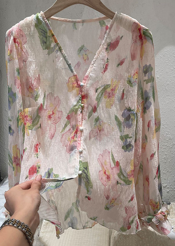 New Pink V Neck Button Print Chiffon Shirt Long Sleeve