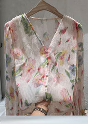 New Pink V Neck Button Print Chiffon Shirt Long Sleeve