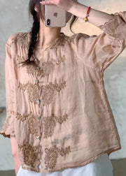 New Pink V Neck Embroidered Button Linen Shirt Spring