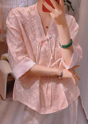 New Pink V Neck Embroidered Chinese Button Silk Blouses Half Sleeve