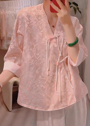 New Pink V Neck Embroidered Chinese Button Silk Blouses Half Sleeve