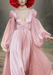 New Pink V Neck Lace Up Solid Maxi Dress Lantern Sleeve