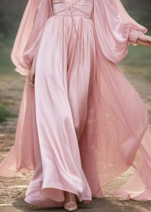 New Pink V Neck Lace Up Solid Maxi Dress Lantern Sleeve