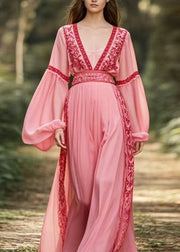 New Pink V Neck Patchwork Chiffon Long Dresses Lantern Sleeve