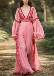 New Pink V Neck Patchwork Chiffon Long Dresses Lantern Sleeve