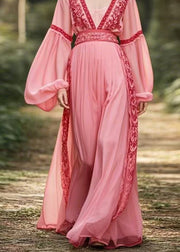 New Pink V Neck Patchwork Chiffon Long Dresses Lantern Sleeve