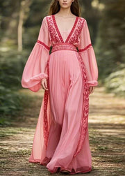 New Pink V Neck Patchwork Chiffon Long Dresses Lantern Sleeve