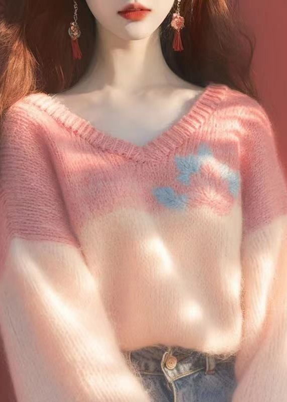 New Pink V Neck Patchwork Knit Sweaters Spring