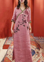 New Pink V Neck Print Side Open Cotton Dress Half Sleeve