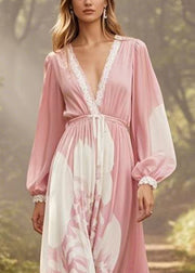 New Pink V Neck Print Tie Waist Chiffon Long Dresses Spring