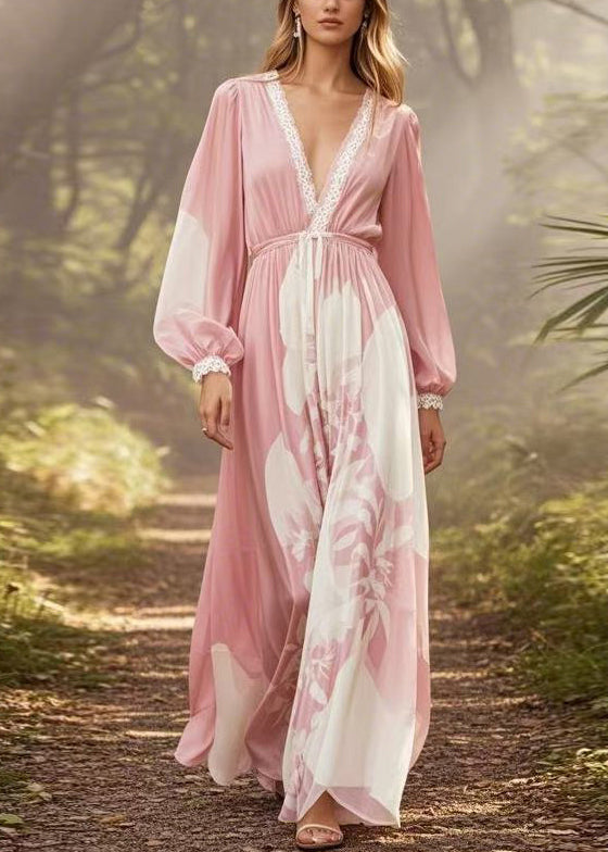 New Pink V Neck Print Tie Waist Chiffon Long Dresses Spring