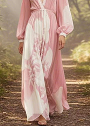 New Pink V Neck Print Tie Waist Chiffon Long Dresses Spring