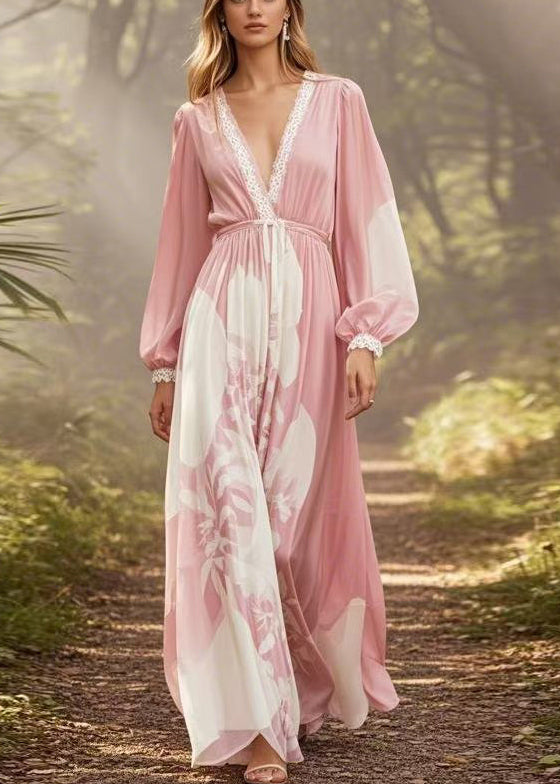 New Pink V Neck Print Tie Waist Chiffon Long Dresses Spring