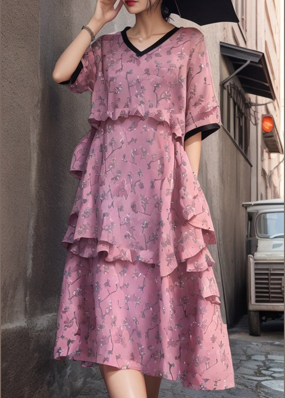 New Pink V Neck Ruffled Print Cotton Dress Short Sleeve