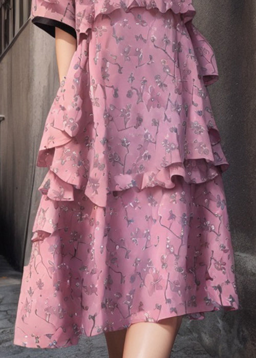 New Pink V Neck Ruffled Print Cotton Dress Short Sleeve