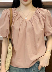 New Pink V Neck Solid Cotton Shirts Short Sleeve