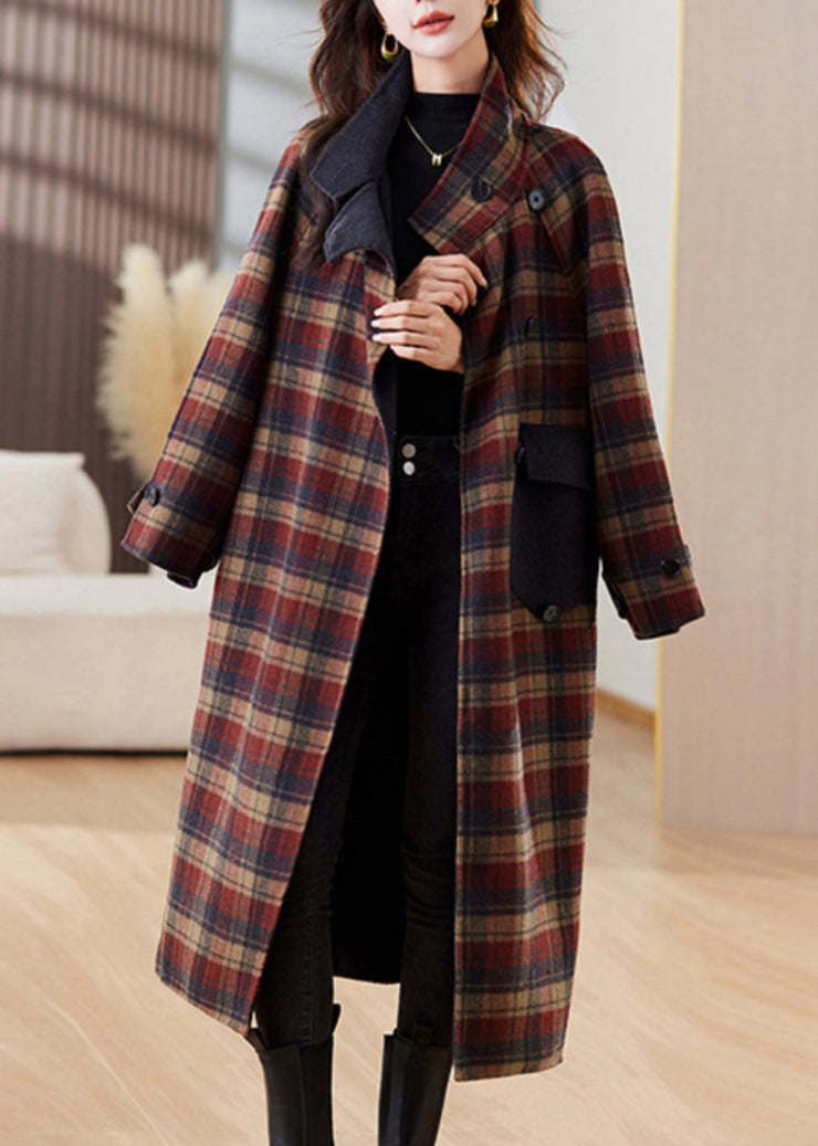 New Plaid Button Pockets Patchwork Cashmere Long Coats Winter