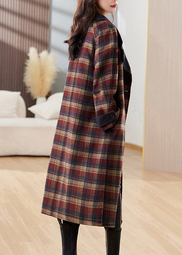 New Plaid Button Pockets Patchwork Cashmere Long Coats Winter