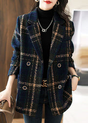 New Plaid Peter Pan Collar Button Patchwork Woolen Coats Long Sleeve