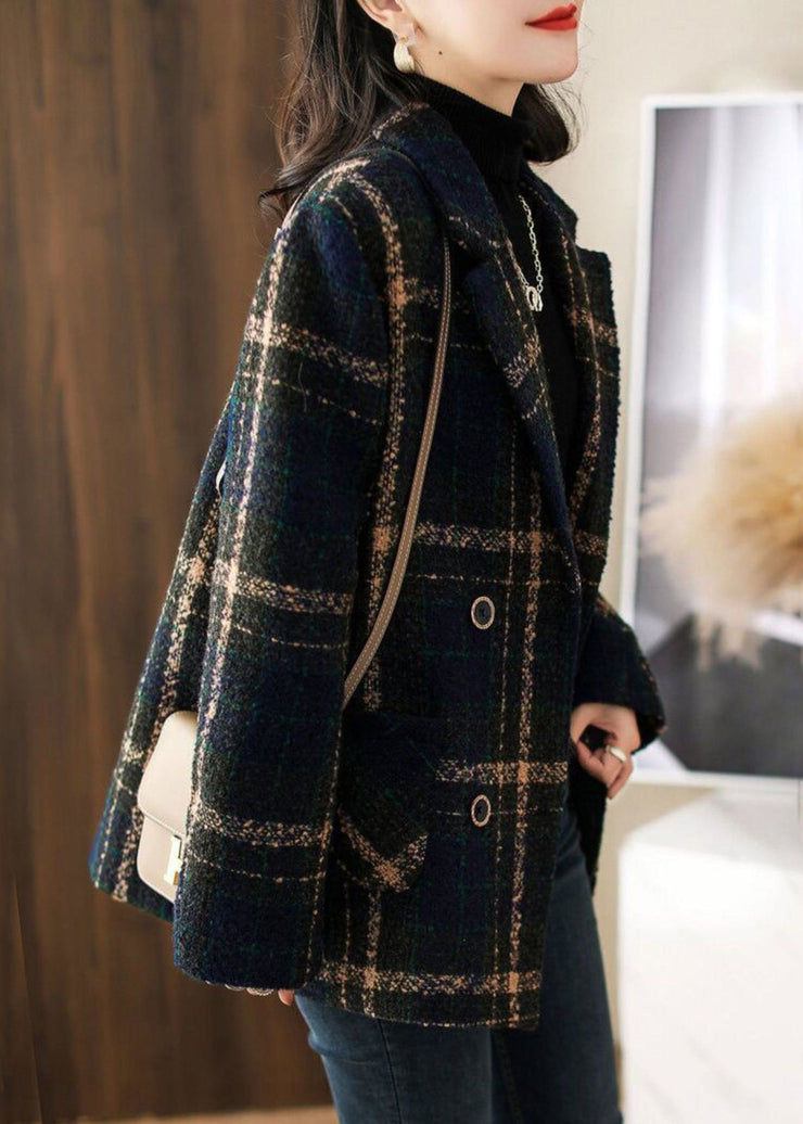 New Plaid Peter Pan Collar Button Patchwork Woolen Coats Long Sleeve