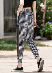 New Plaid Pockets Elastic Waist Ice Silk Crop Pants Summer