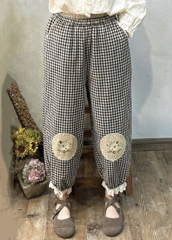 New Plaid Pockets Elastic Waist Patchwork Cotton Crop Pants Spring