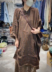 New Plaid Stand Collar Button Linen Dresses Spring