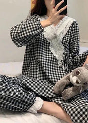 New Plaid V Neck Lace Up Cotton Pajamas Two Pieces Set Spring