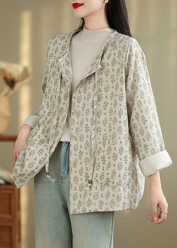 New Print Pockets Button Lace Up Cotton Coat Spring