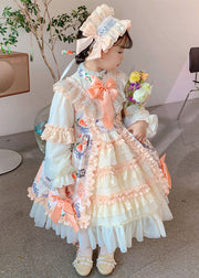 New Print Ruffled Bow Patchwork Cotton Kids Girls Princess Dresses Autumn