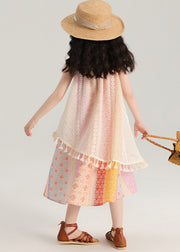 New Print Tasseled Hollow Out Knitting Cotton Girls Dress Sleeveless