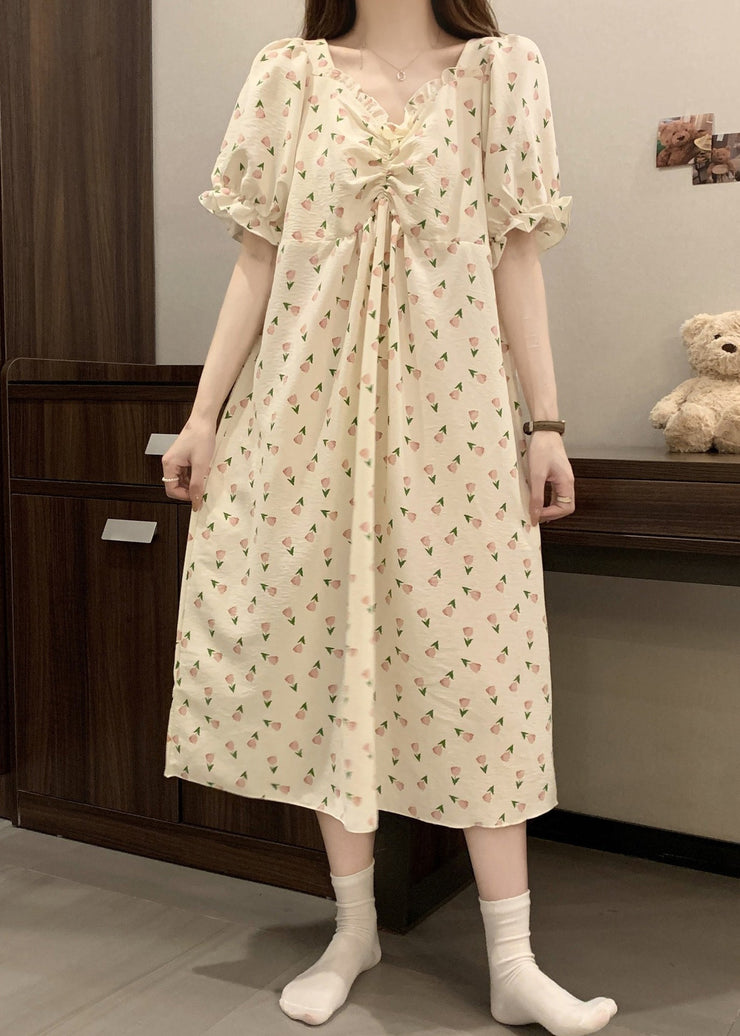 New Print Wrinkled Cotton Pajamas Long Dress Butterfly Sleeve