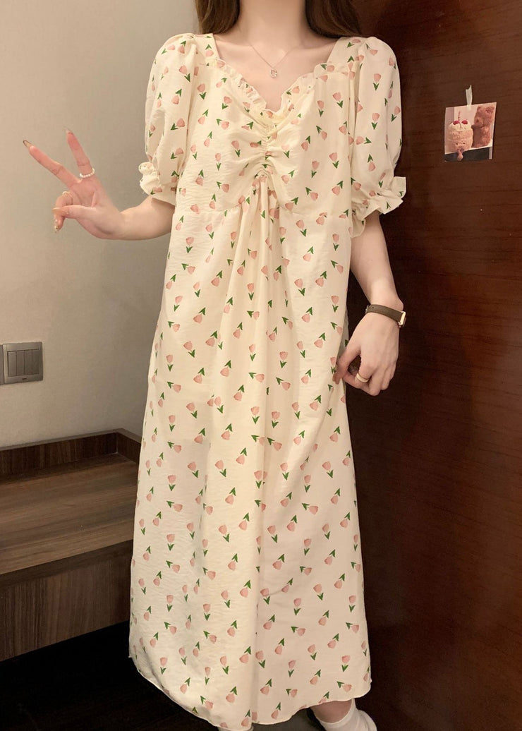 New Print Wrinkled Cotton Pajamas Long Dress Butterfly Sleeve