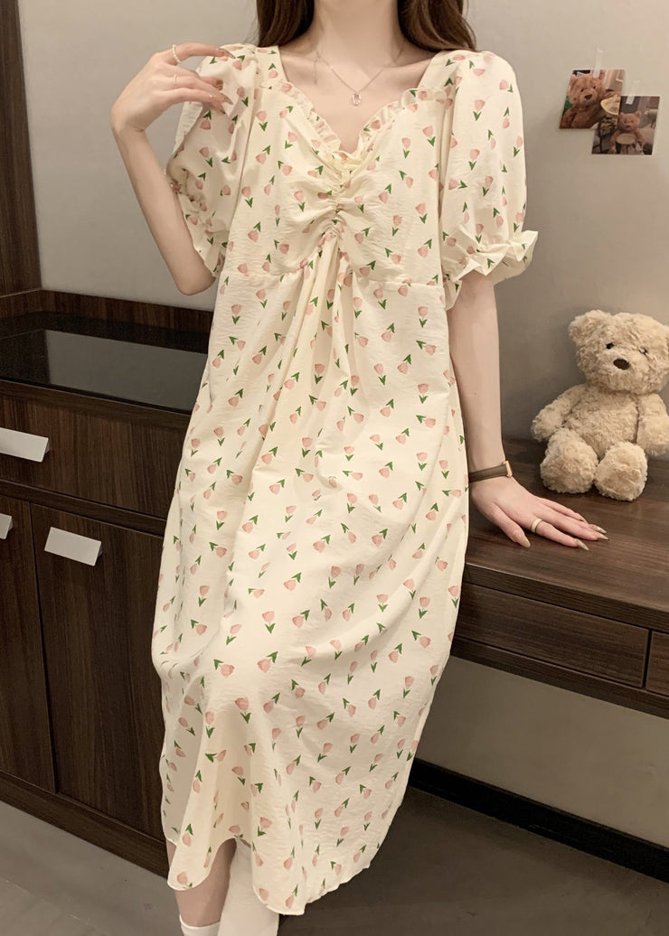 New Print Wrinkled Cotton Pajamas Long Dress Butterfly Sleeve