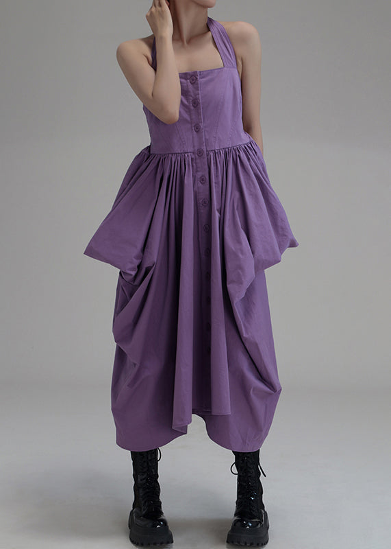 New Purple Asymmetrical Wrinkled Button Cotton Long Dress Sleeveless