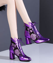 New Purple Breathable Mesh Splicing Cowhide Leather Chunky Boots