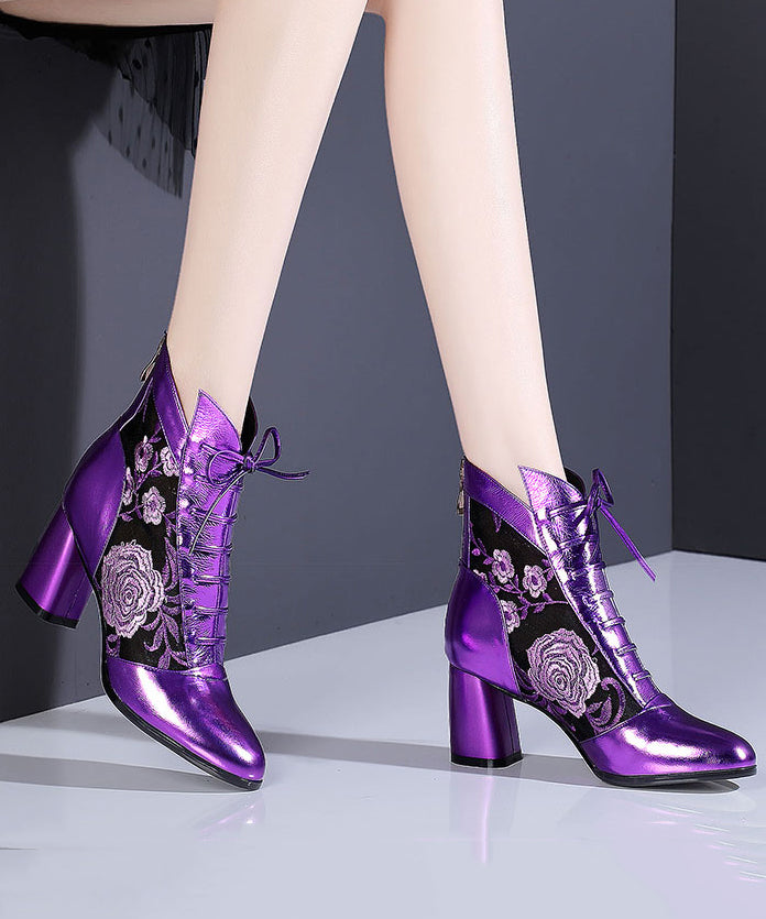 New Purple Breathable Mesh Splicing Cowhide Leather Chunky Boots
